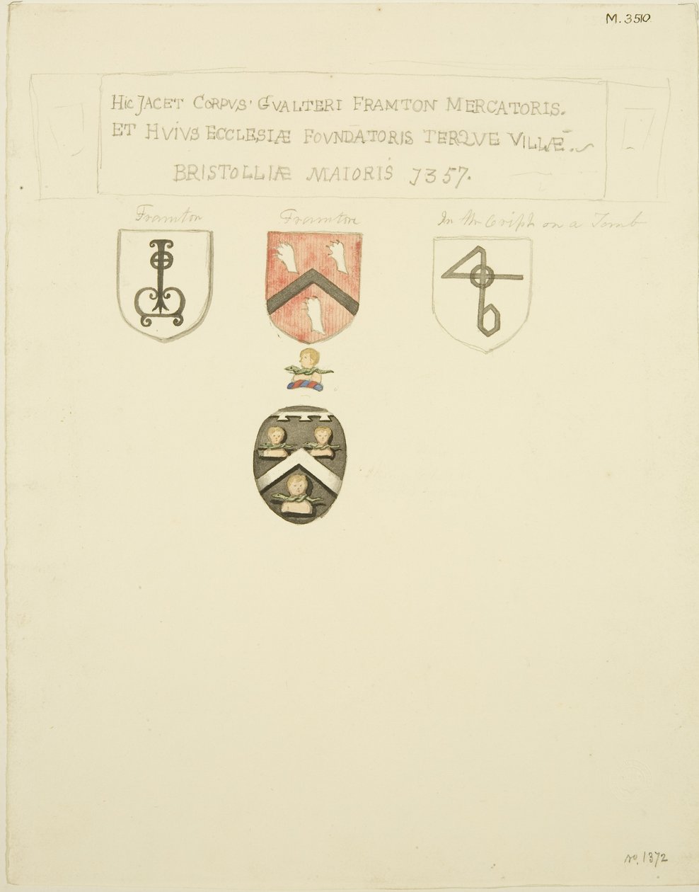 Våpenskjold på graven til Frampton [Frampton] 1357 (blyant og akvarell på papir) av Joseph Manning