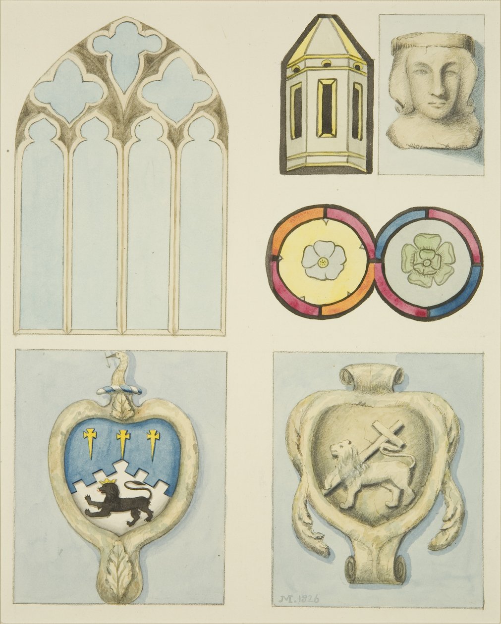 Detaljer om interiøret i Temple Church (akvarell på papir) av Joseph Manning