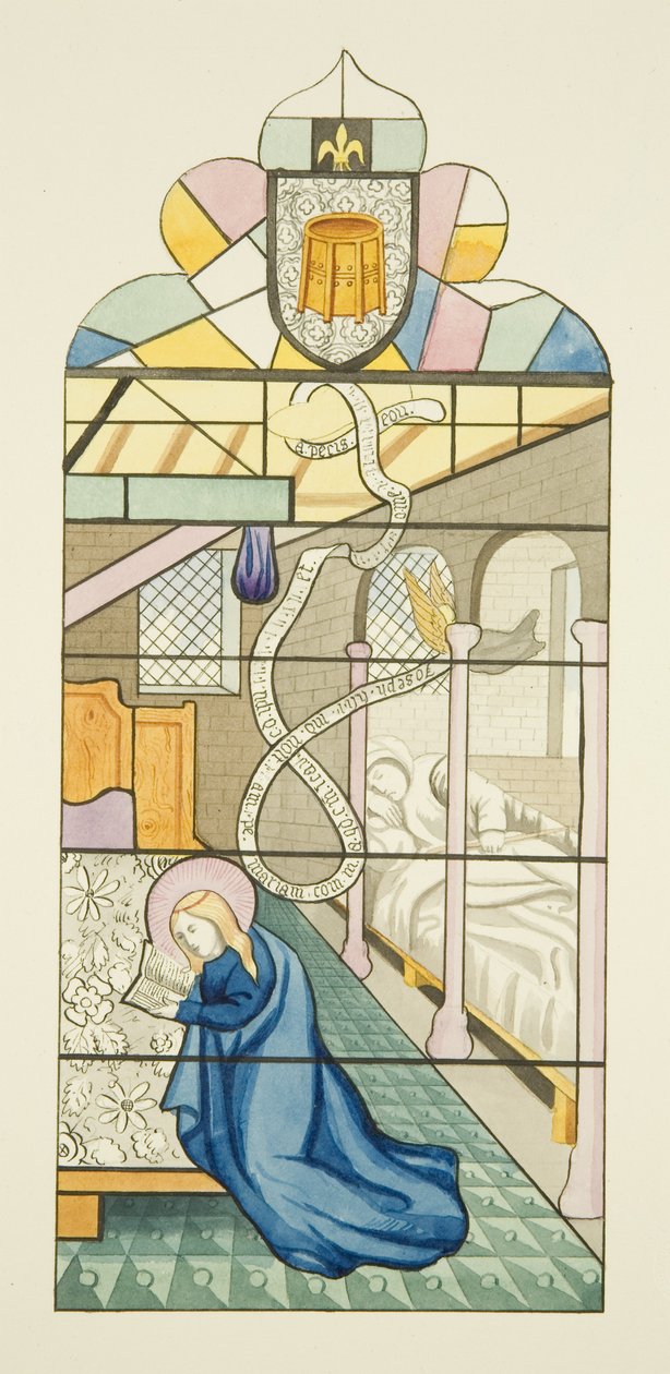 Detaljer om glassmalerier fra Markus, som danner en scene fra Jomfruens liv (akvarell på papir) av Joseph Manning