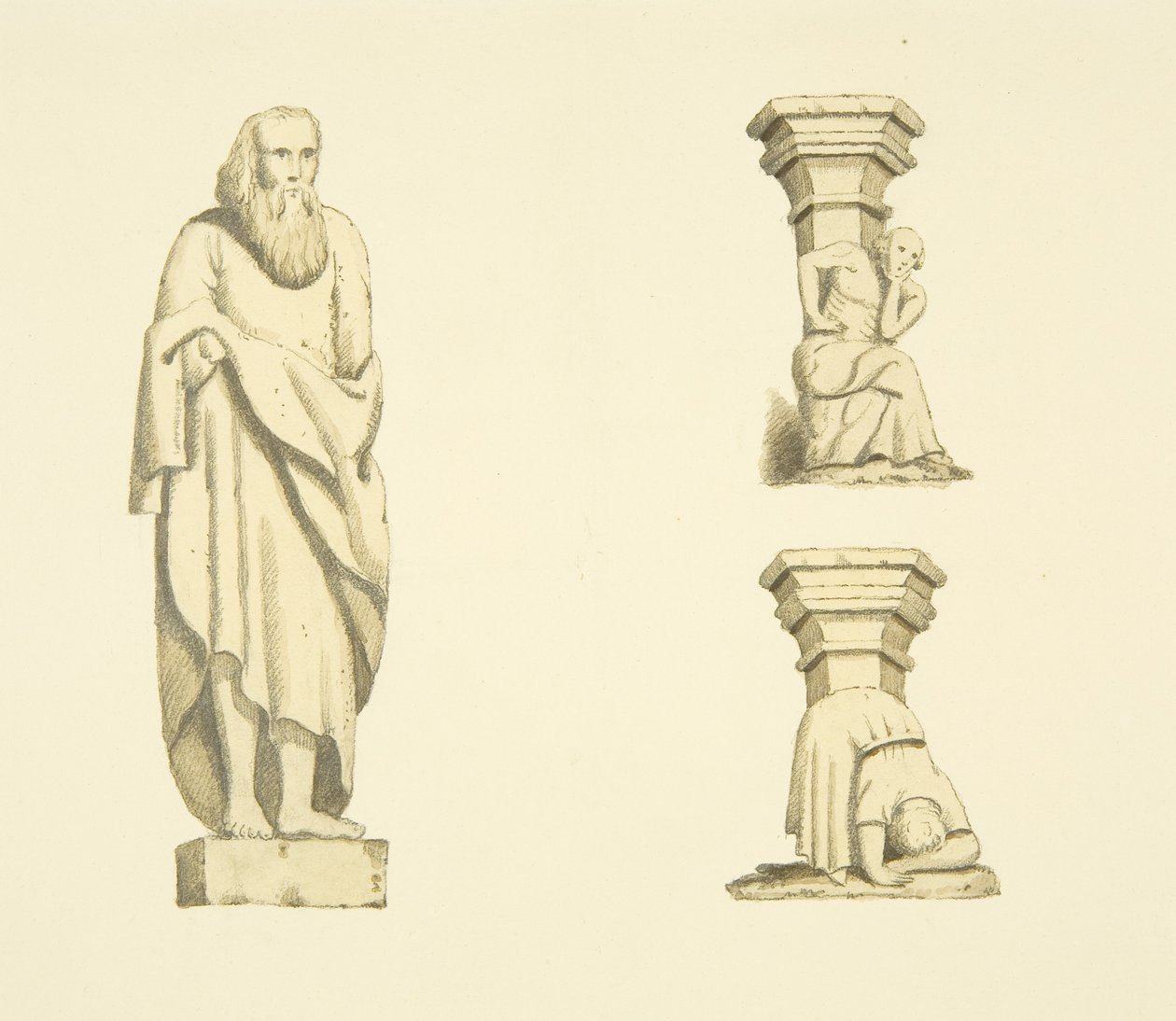 Figur og to takstoler i nisjer til Tower of St Mary Redcliffe (akvarell på papir) av Joseph Manning