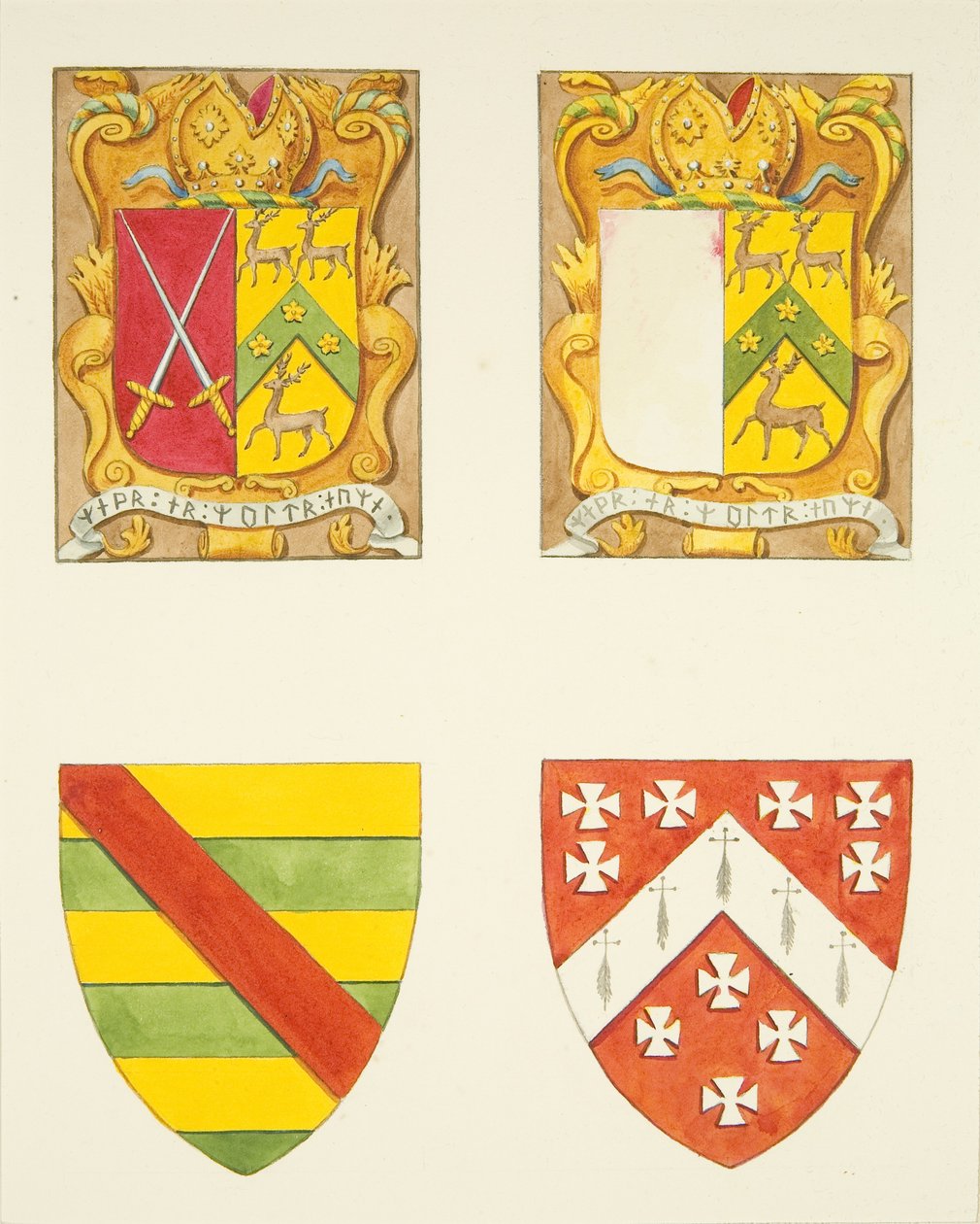 Fire våpenskjold - to i et vindu nær klokketårnet, Bristol Cathedral (akvarell på papir) av Joseph Manning