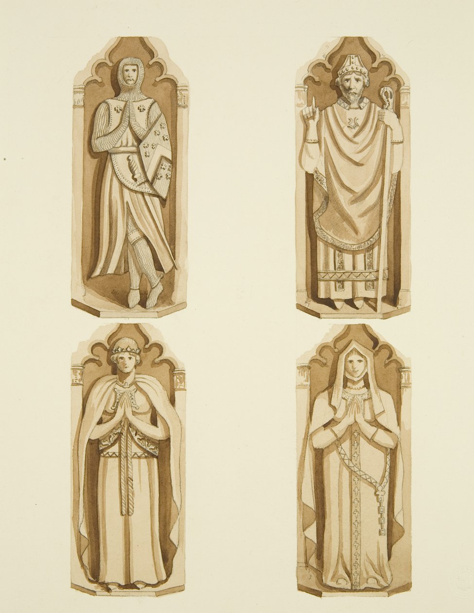 Fire figurer som dekorerer dørene laget av Clarke, på hver side av alteret til St Mark's (akvarell på papir) av Joseph Manning