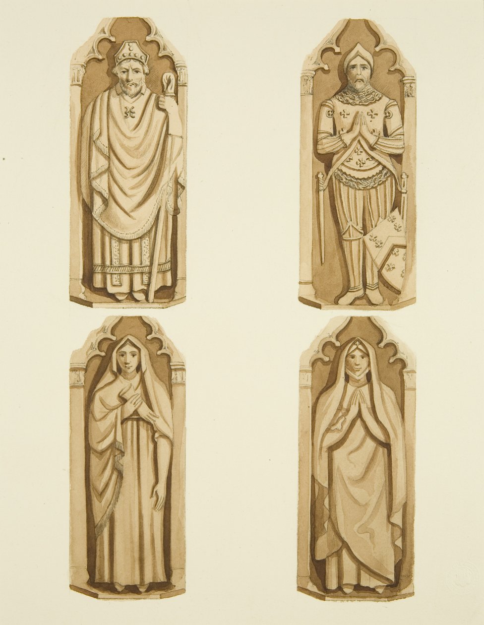 Fire figurer som dekorerer dørene laget av Clarke, på hver side av alteret til St Mark