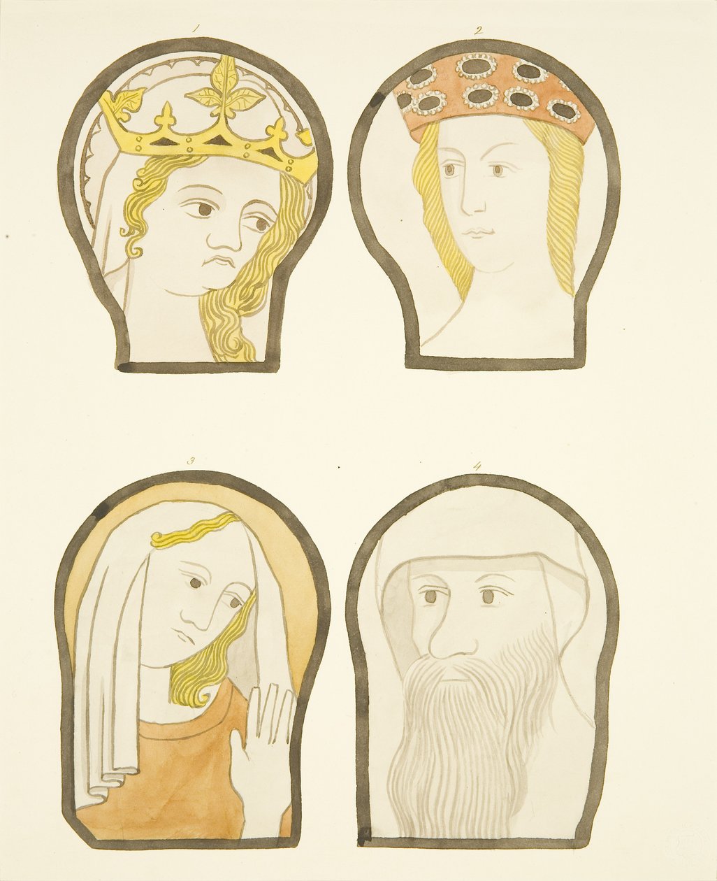 Fire hoder i glassmalerier sør for koret i Bristol Cathedral (akvarell på papir) av Joseph Manning