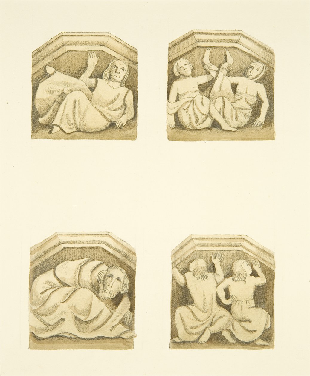 Fire takstoler i nordverandaen (opprinnelig støttende statuer) av St Mary Redcliffe (akvarell på papir) av Joseph Manning