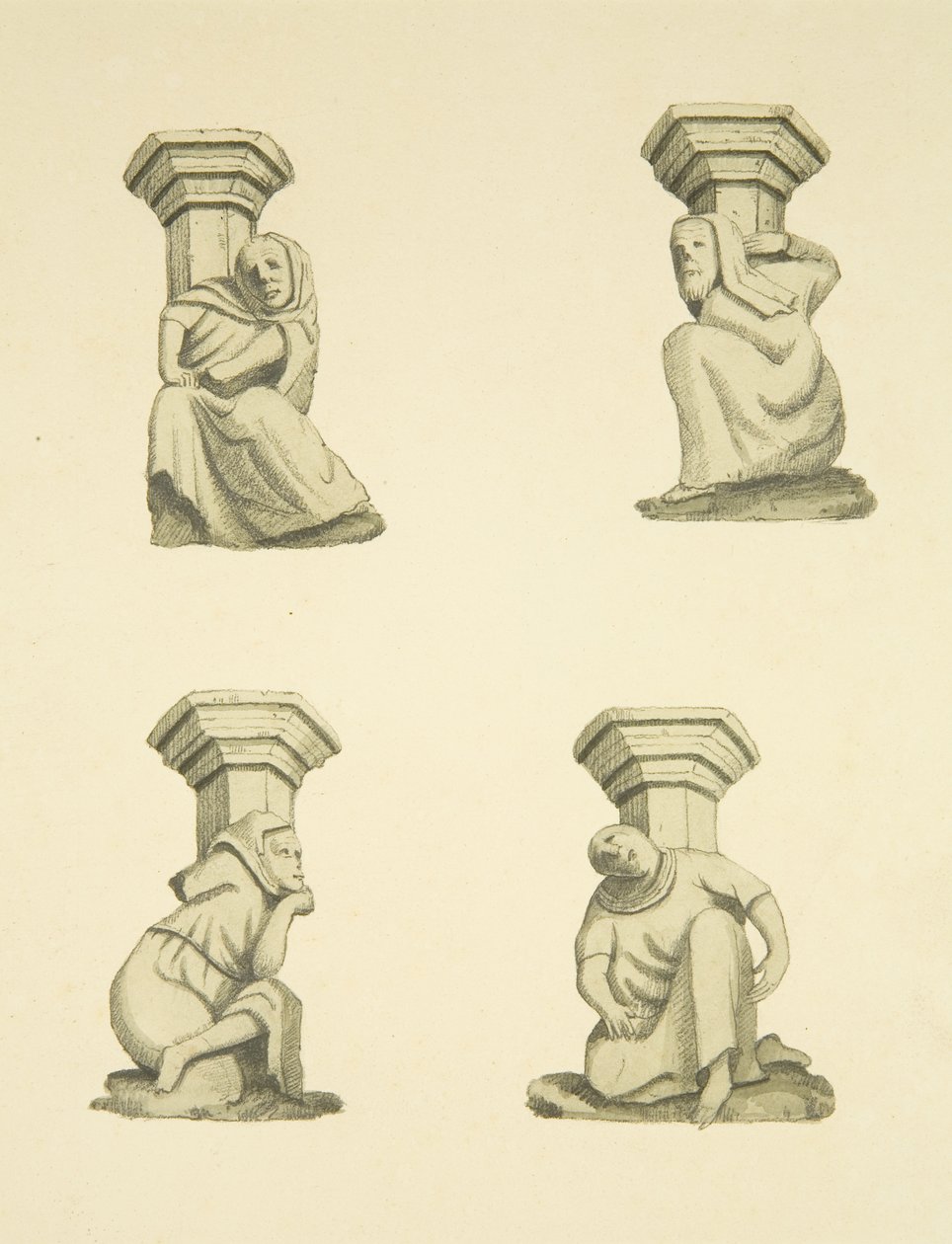 Fire takstoler på tårnet (opprinnelig støttende statuer) av St Mary Redcliffe (akvarell på papir) av Joseph Manning