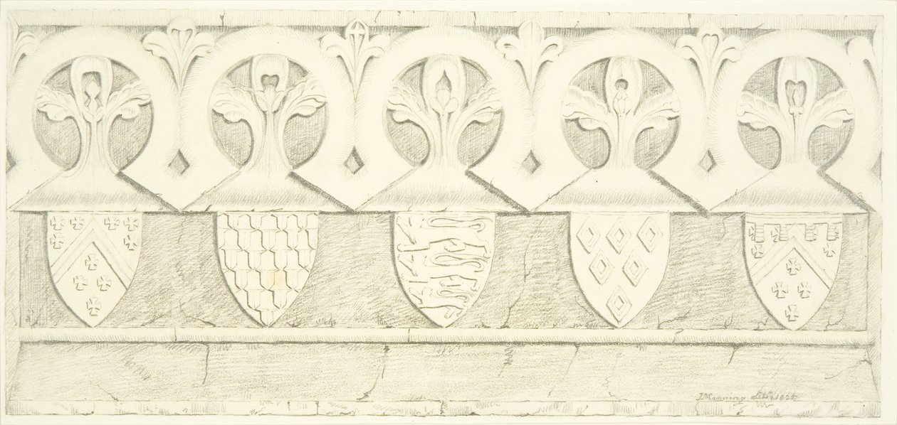 Gotisk frise og våpenskjold i vestrirommet i Bristol Cathedral (blyant og akvarell på papir) av Joseph Manning