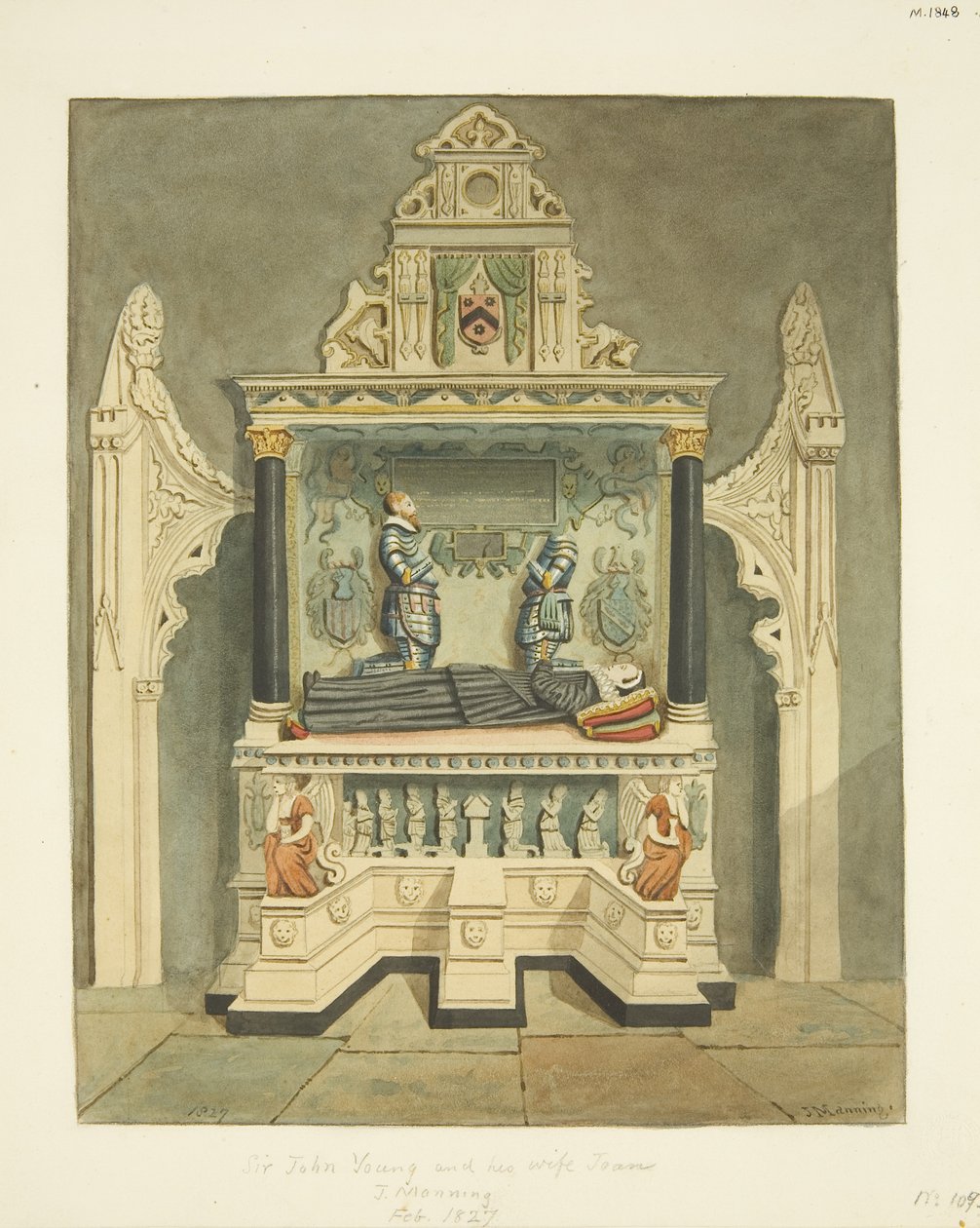 Monument til Sir John Young og hans kone Joan (née Wadham) i Bristol Cathedral (blyant og akvarell på papir) av Joseph Manning