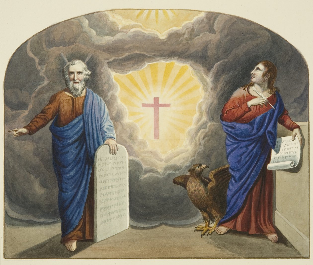 Malt vindu over Christ Church alter, som viser Moses og St John the Evangelist (akvarell på papir) av Joseph Manning