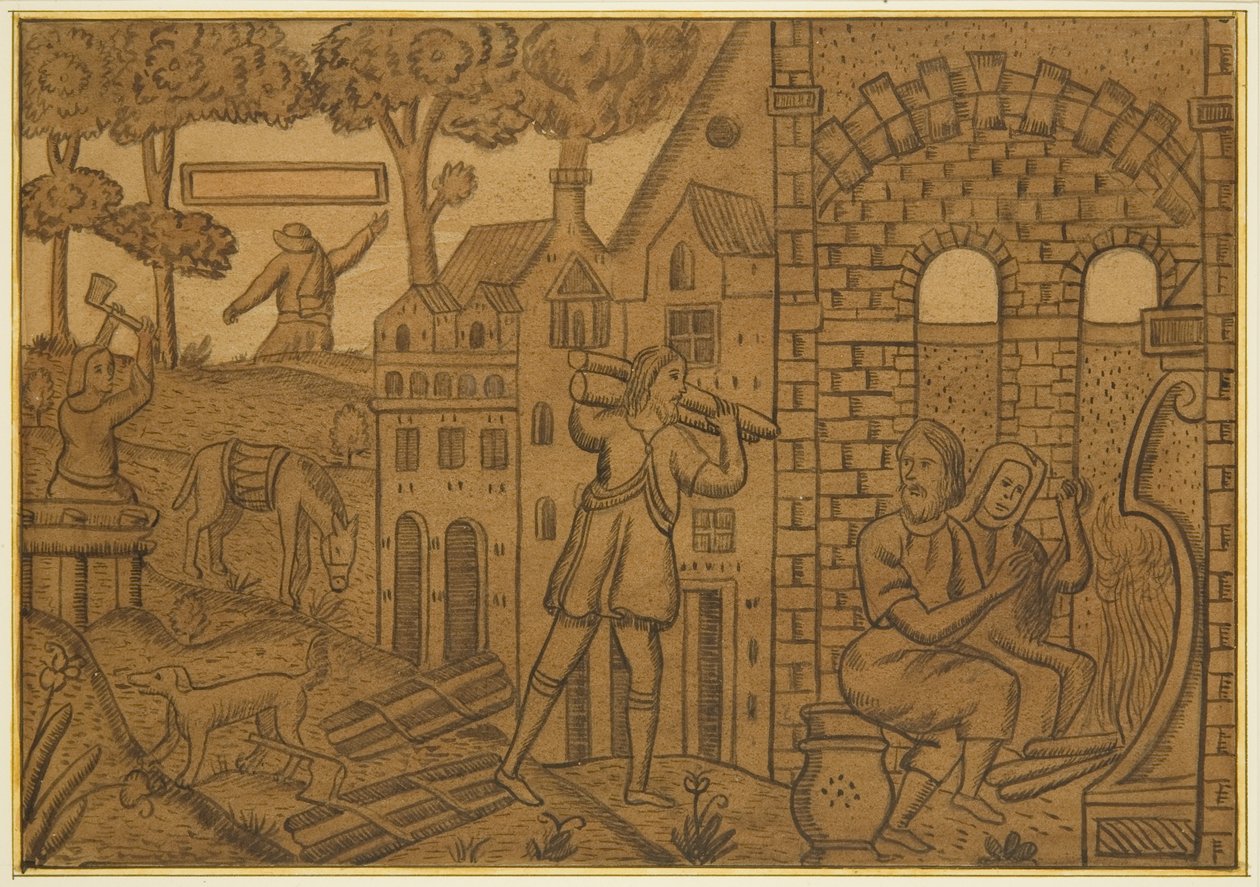 Panel fra en gammel eikekiste i Orphan Asylum, Hook's Mills, som viser vedsamling i løpet av en vintermåned av Joseph Manning
