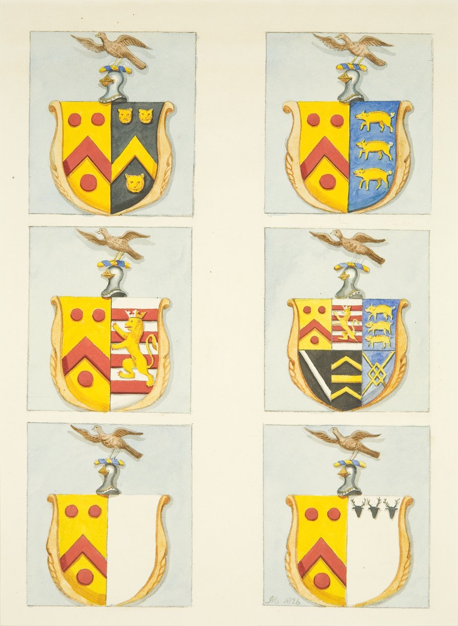 Seks våpenskjold i glassmalerier i nord- og sørgangene (østenden) av Bristol Cathedral (akvarell på papir) av Joseph Manning
