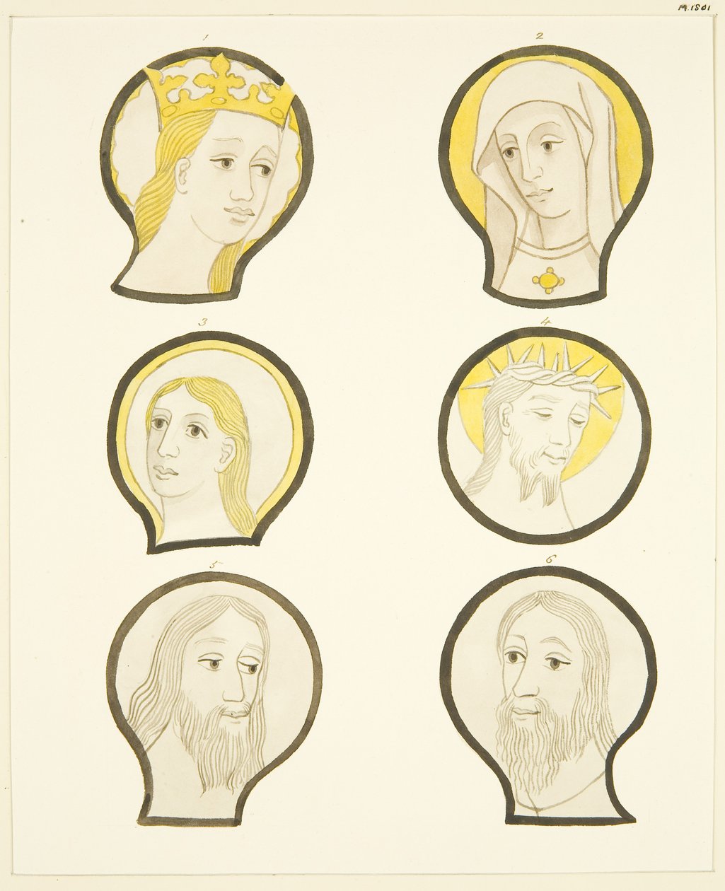 Seks hoder i glassmalerier sør for koret i Bristol Cathedral (akvarell på papir) av Joseph Manning