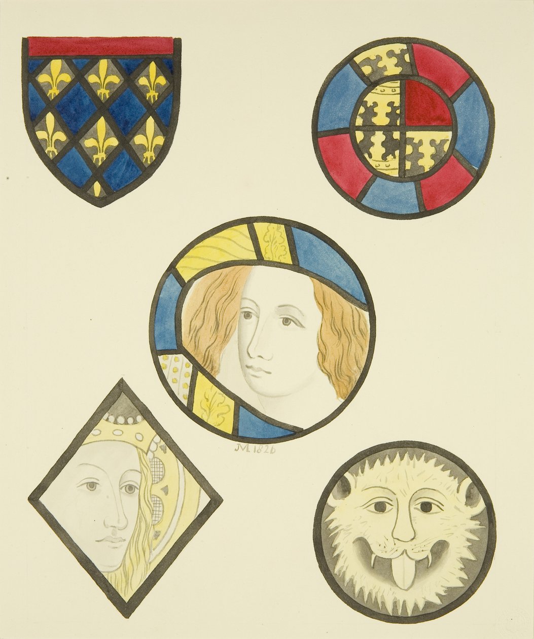 Farget glass i forskjellige vinduer til St Mary Redcliffe (akvarell på papir) av Joseph Manning