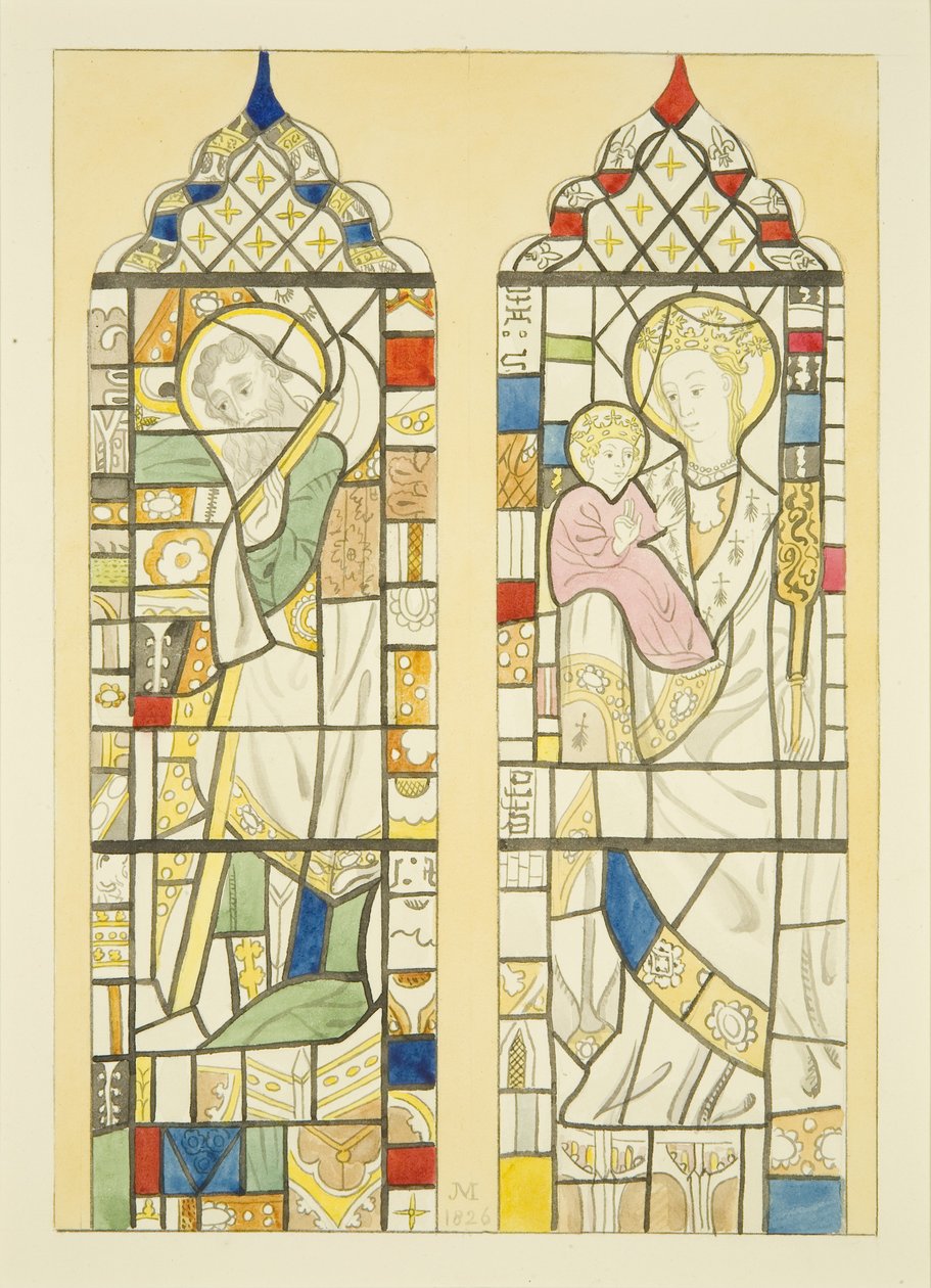 Farget glass i vindu over fonten til St Mary Redcliffe (akvarell på papir) av Joseph Manning