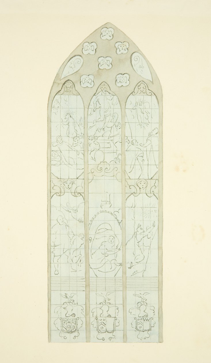 Glassmaleri i østenden av nordgangen til Bristol Cathedral (blyant og akvarell på papir) av Joseph Manning