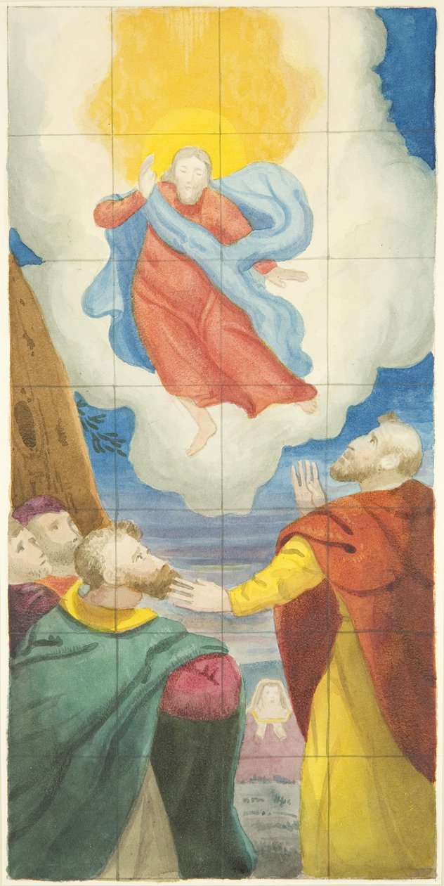 Glassmaleri i østenden av nordgangen til Bristol Cathedral som viser Ascension (akvarell på papir) av Joseph Manning