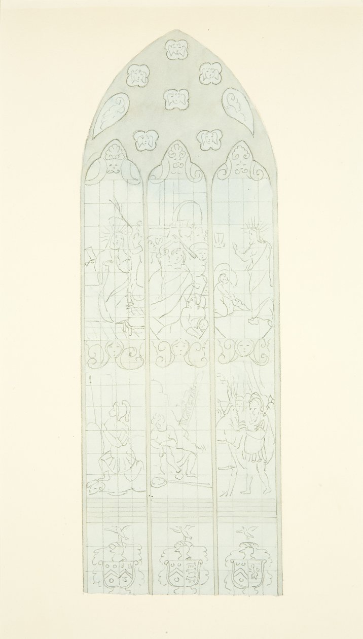 Glassmaleri i østenden av sørgangen til Bristol Cathedral (blyant og akvarell på papir) av Joseph Manning
