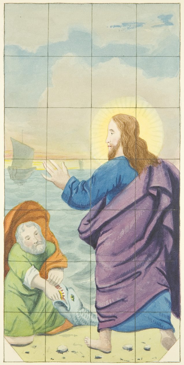 Glassmaleri i østenden av sørgangen til Bristol Cathedral som viser pengestykket i fiskens munn (akvarell på papir) av Joseph Manning