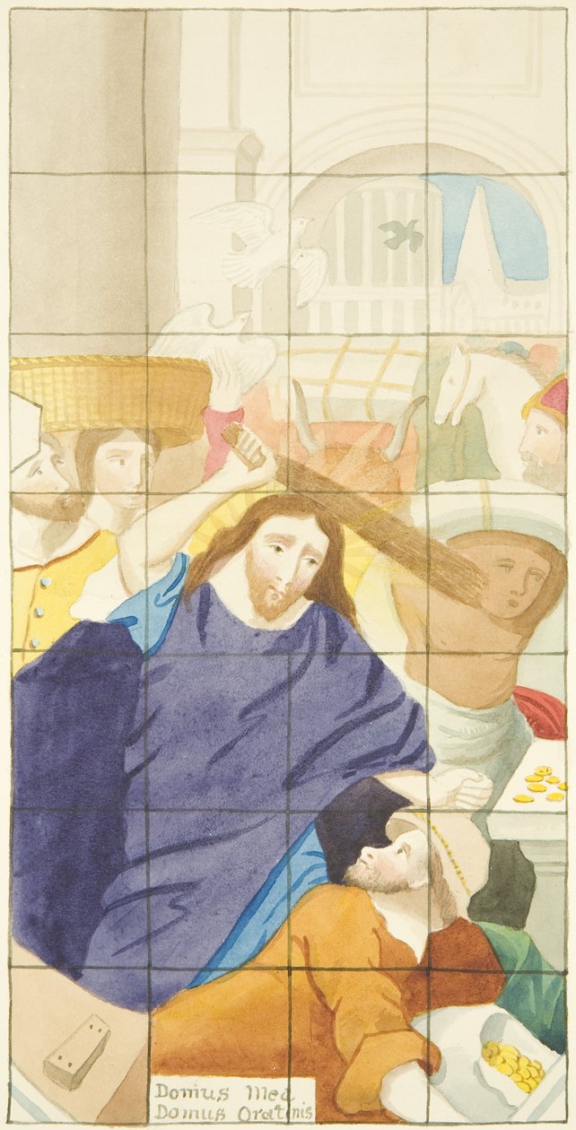 Glassmaleri i østenden av sørgangen til Bristol Cathedral som viser kjøpere og selgere i tempelet (akvarell på papir) av Joseph Manning