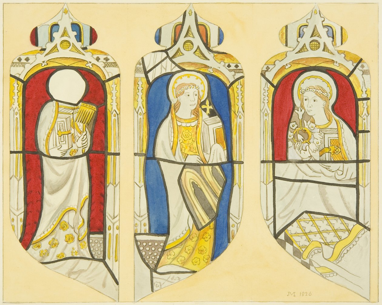 Tre figurer i østvinduets nordlige tverrarm av St Mary Redcliffe (akvarell på papir) av Joseph Manning