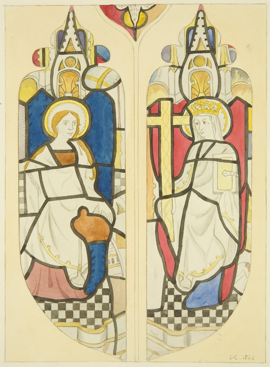 To figurer i østvinduets nordlige tverrarm av St Mary Redcliffe (akvarell på papir) av Joseph Manning