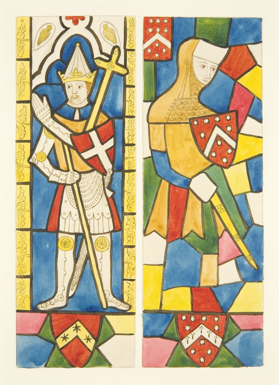 To figurer i glassmalerier av kor i Bristol Cathedral (akvarell på papir) av Joseph Manning