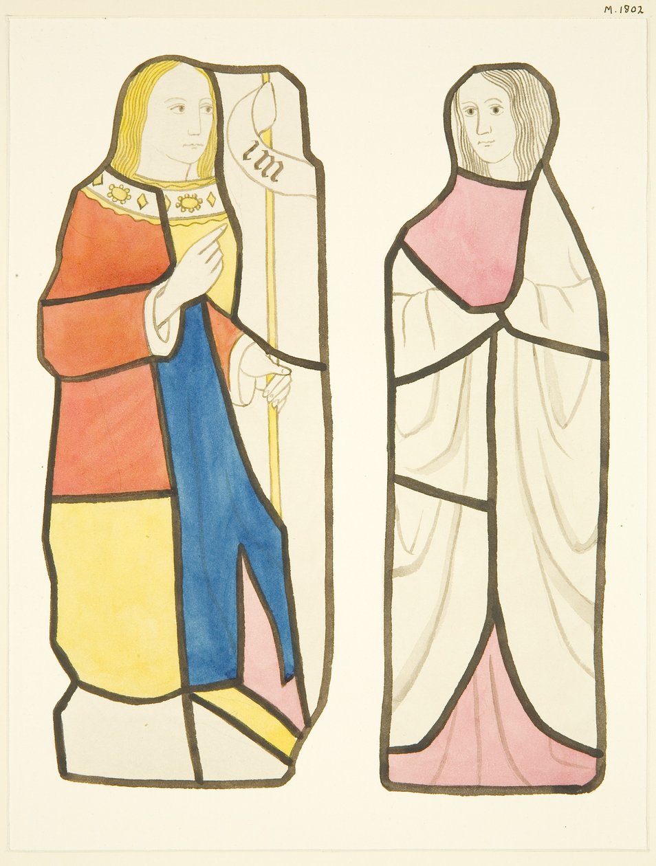 To figurer i glassmalerier sør for koret i Bristol Cathedral (akvarell på papir) av Joseph Manning