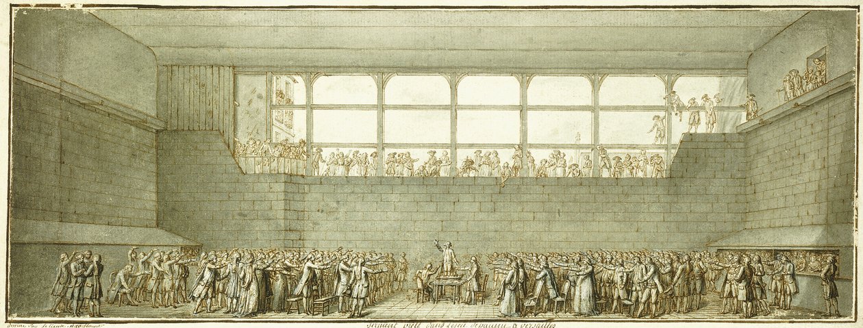 The Tennis Court Oath, ca. 1789 (svart kritt, penn og brunt blekk med grå vask) av Joseph Marie Flouest