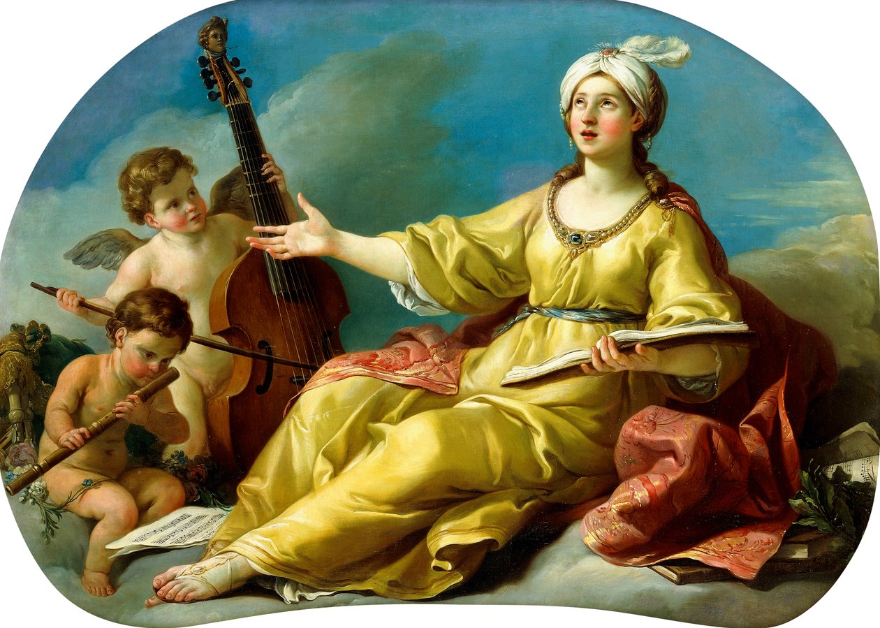 En personifisering av musikk, sang med Putti som spiller en fiol og en fløyte, 1758 av Joseph Marie Vien