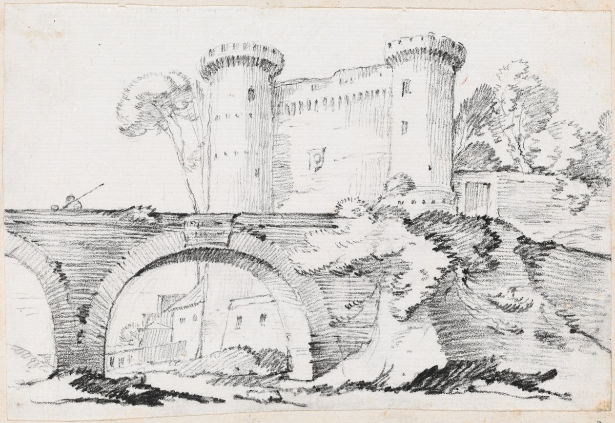 En steinbro og den befestede inngangen til en by av Joseph Marie Vien