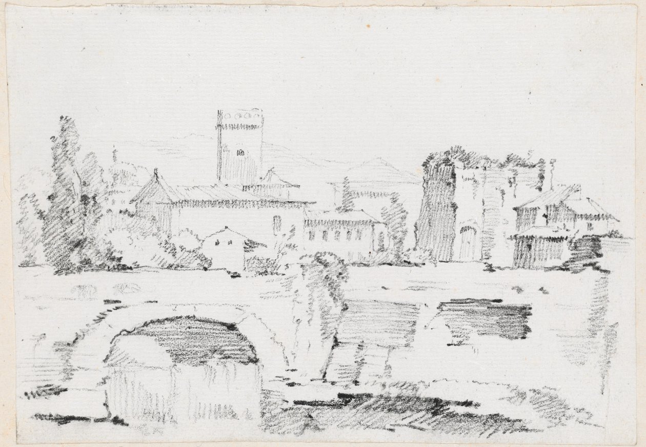 En italiensk by med en steinbro og en foss av Joseph Marie Vien