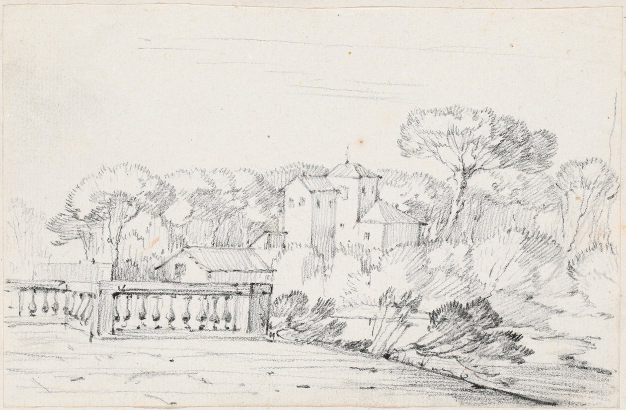Terrasse ved en elv med en villa og trær bortenfor av Joseph Marie Vien