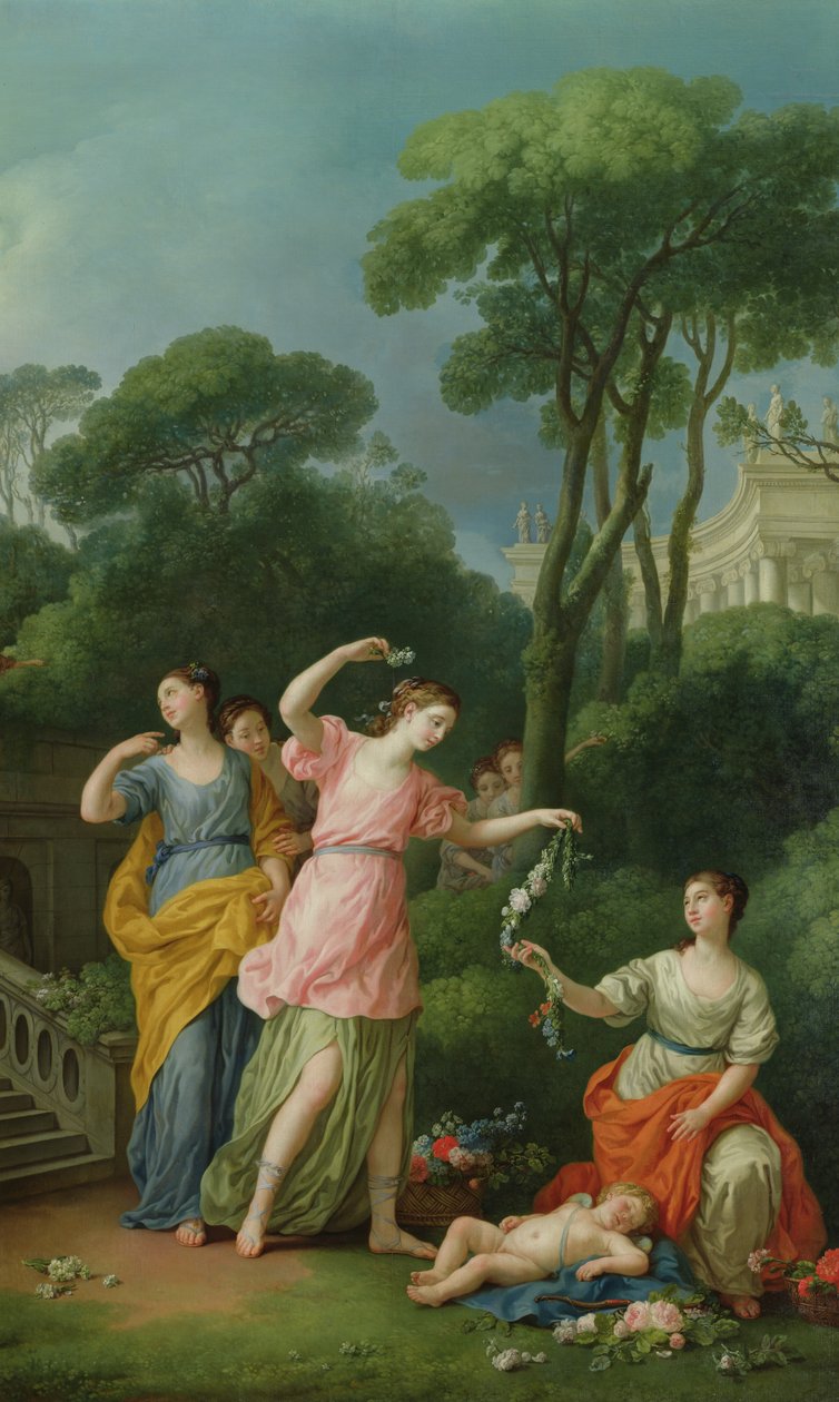 Unge greske jenter pryder en sovende amor med blomster, 1773 av Joseph Marie Vien