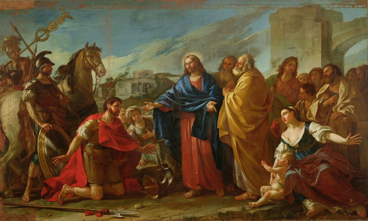 Centurion som kneler ved Kristi føtter eller Jesus helbreder sønnen til en offiser, 1752 av Joseph Marie, the Elder Vien