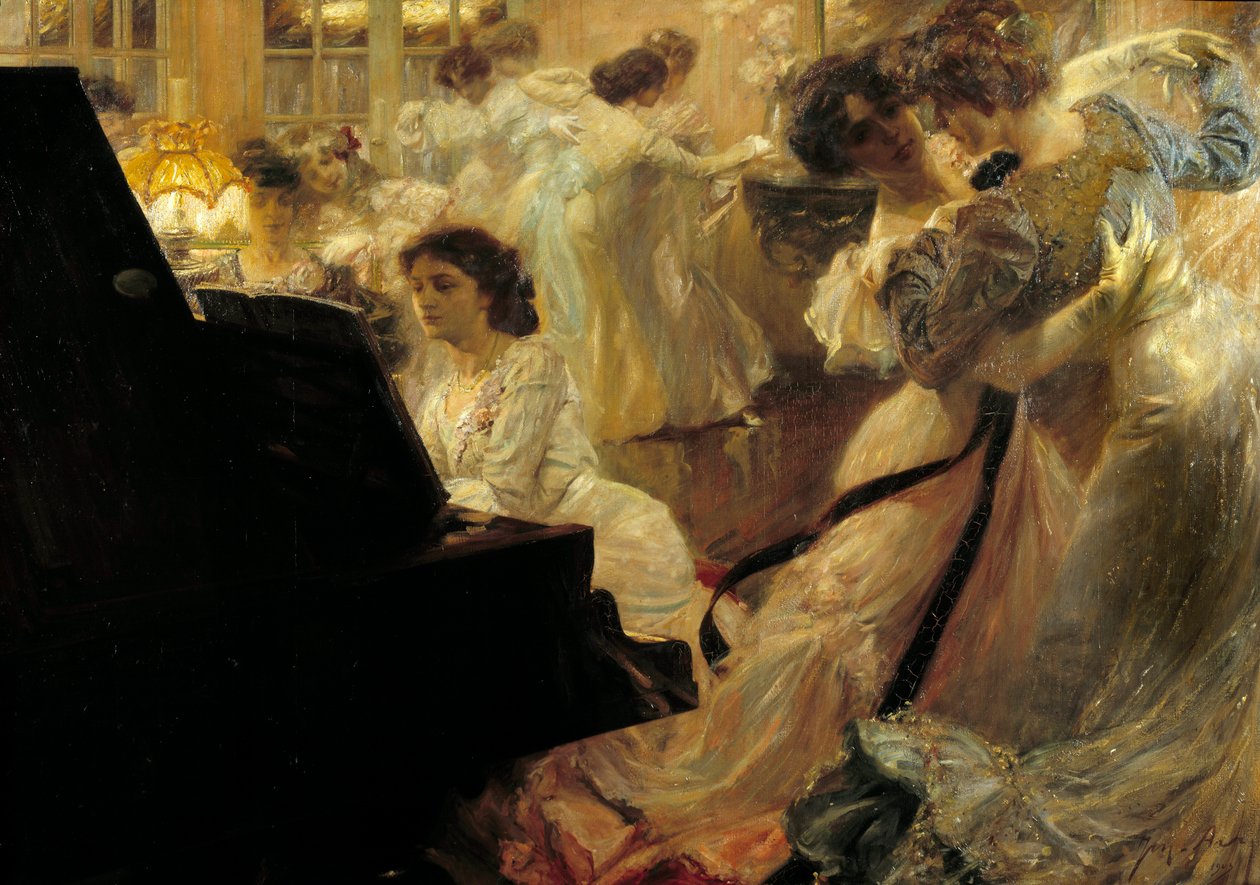 Belle epoque: "White Ball" Kveld med unge kvinner kledd i hvitt dans og piano av Joseph Marius Avy (1871-1939) 1903 av Joseph Marius Avy
