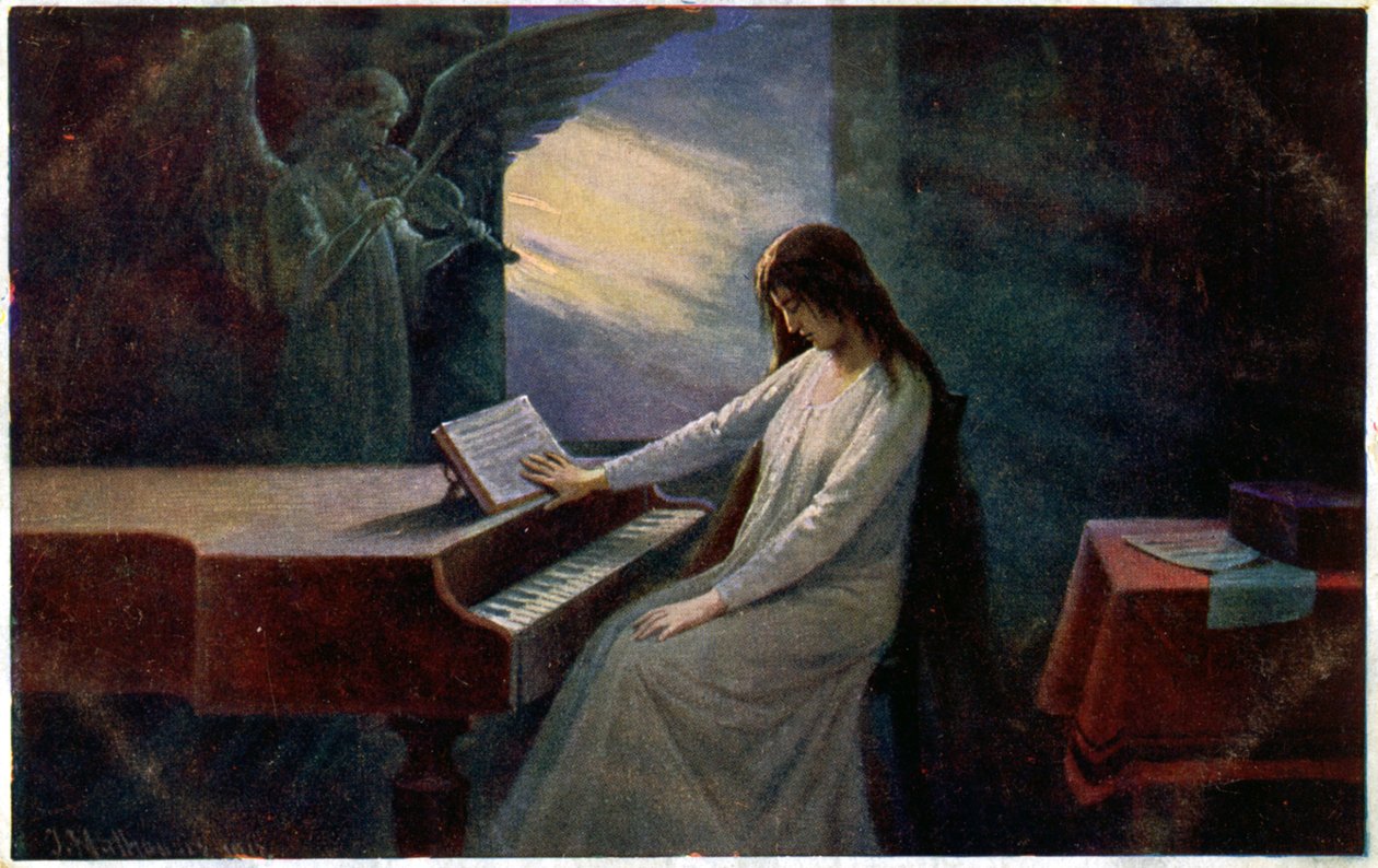 Musikk. Den siste akkorden. Døende dame ved pianoet. Illustrasjon av Josef Mathauser, Tsjekkia, ca. 1910 (postkort) av Joseph Mathauser