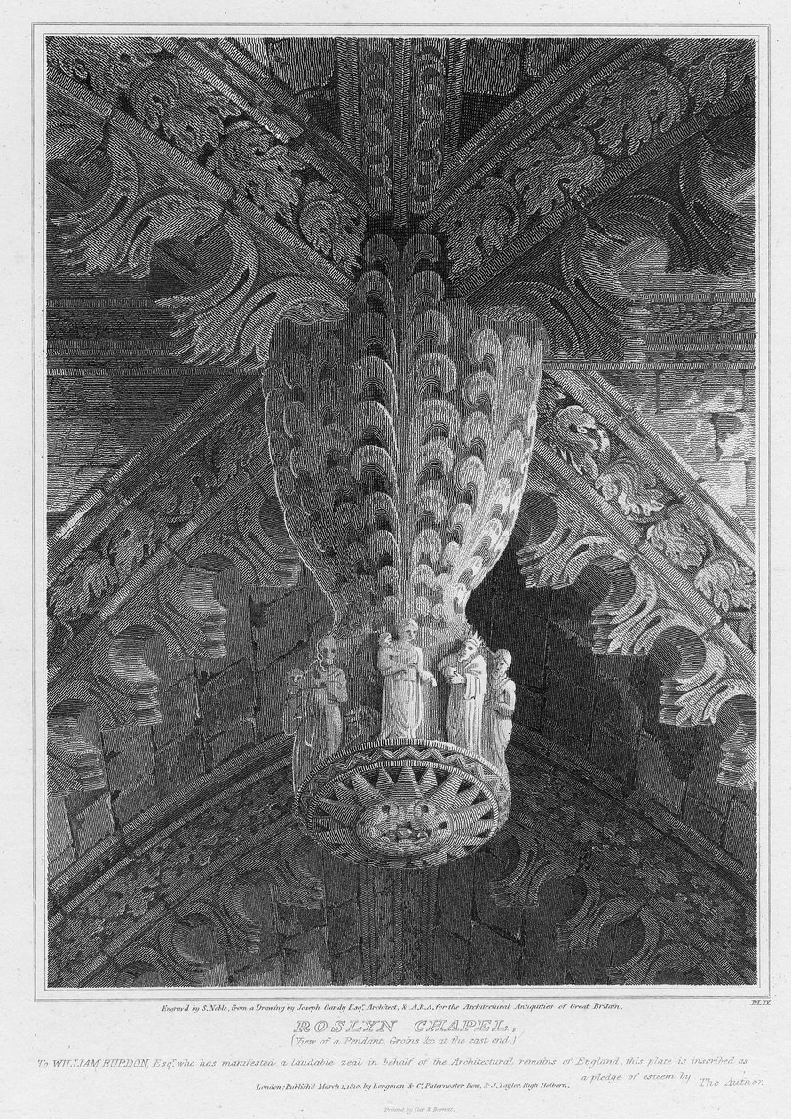 Roslyn Chapel, utsikt over et anheng og lysker i østenden, gravert av S. Noble, 1810 av Joseph Michael Gandy
