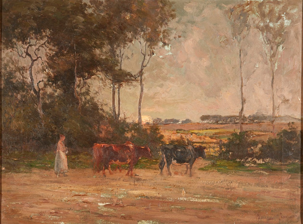 Gjeting av storfe ved solnedgang (olje på lerret) av Joseph Milne