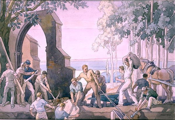 Men at Work, ca. 1920-tallet (penn og blekk og akvarell på papir) av Joseph Milner