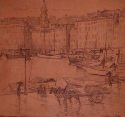 Havnescene, regnværsdag (blyant) av Joseph Milner Kite