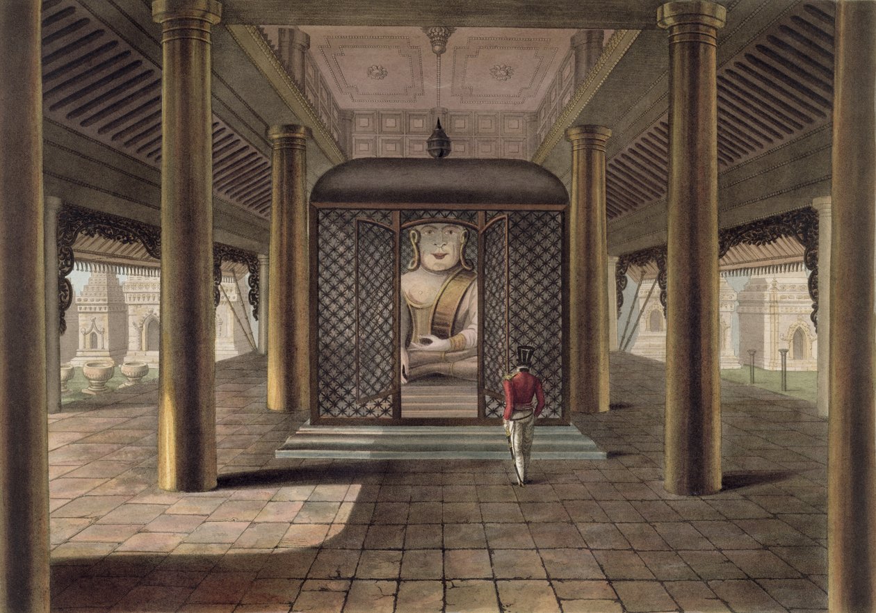 En soldat som står i et Rangoon-tempel, gravert av George Hunt, 1825 (farget akvatint) av Joseph Moore