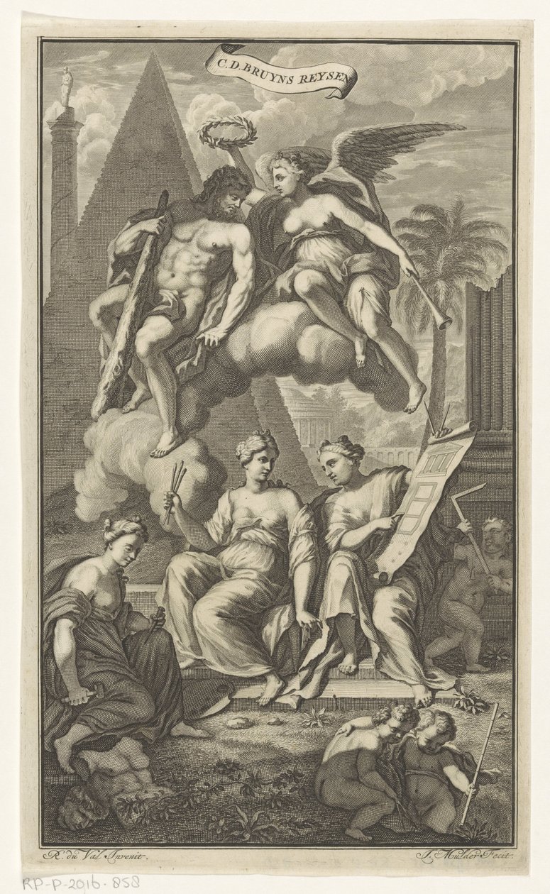 Hercules kronet av Victoria CD. Bruyns Reysen (tittel på objekt) Tittelside for: Cornelis de Bruyn, Reizen, 1698 av Joseph Mulder