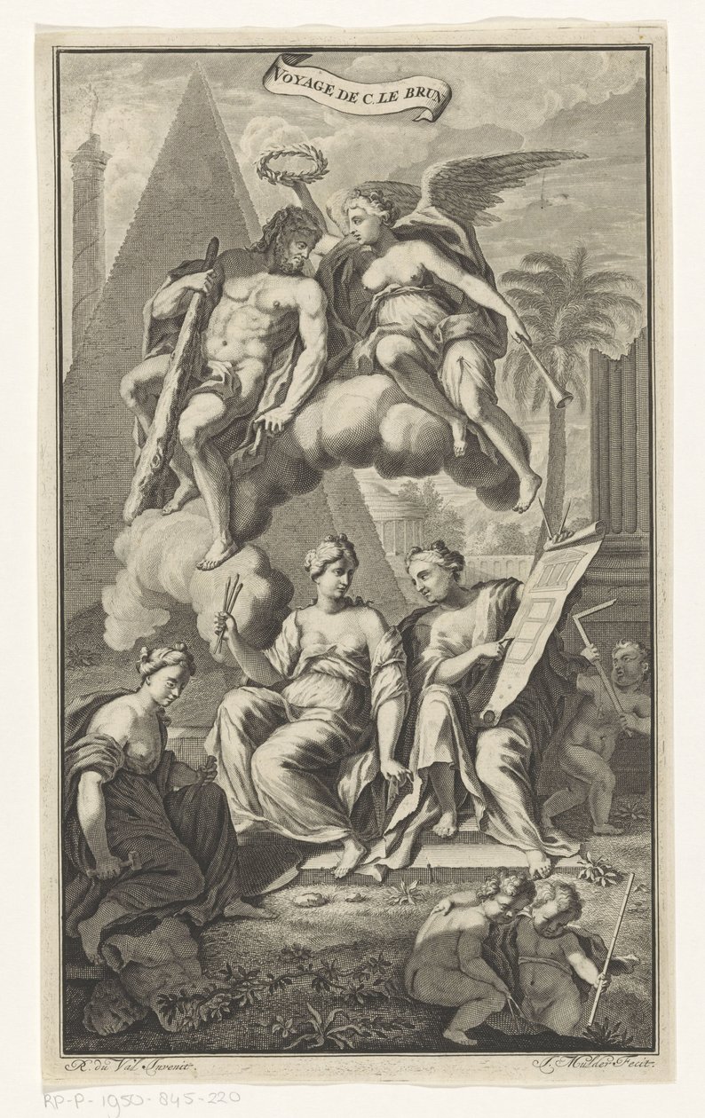 Hercules kronet av Victoria Voyage de C. le brun (tittel på objekt) Tittelside for: Cornelis de Bruyn, Voyage au Levant, 1700 av Joseph Mulder