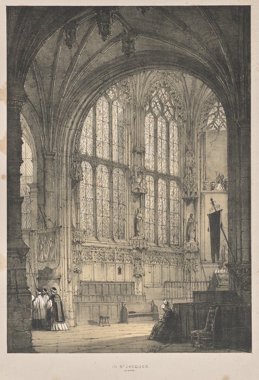 Middelalderens arkitektur: I St. Jacques, Dieppe, East End, Interiør av Joseph Nash