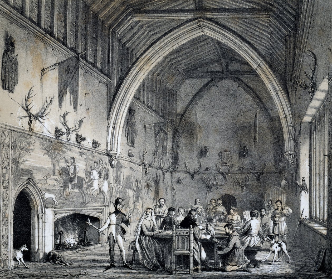 Hall på Moat House Ightham med bankett, Kent, gravering fra Mansions of England i gammel tid av Joseph Nash