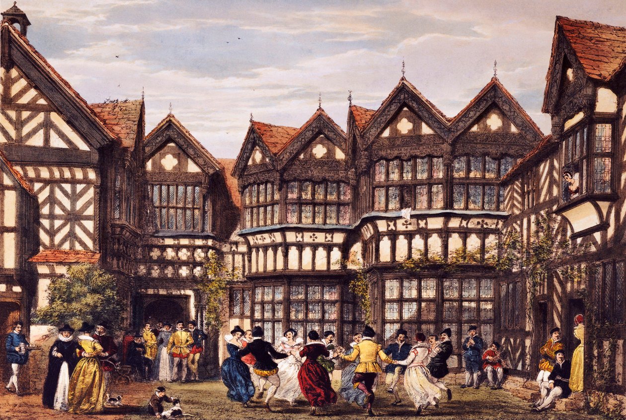 Little Moreton Hall, Cheshire, fra "The Mansions of England in the Olden Time", 1839-40 av Joseph Nash