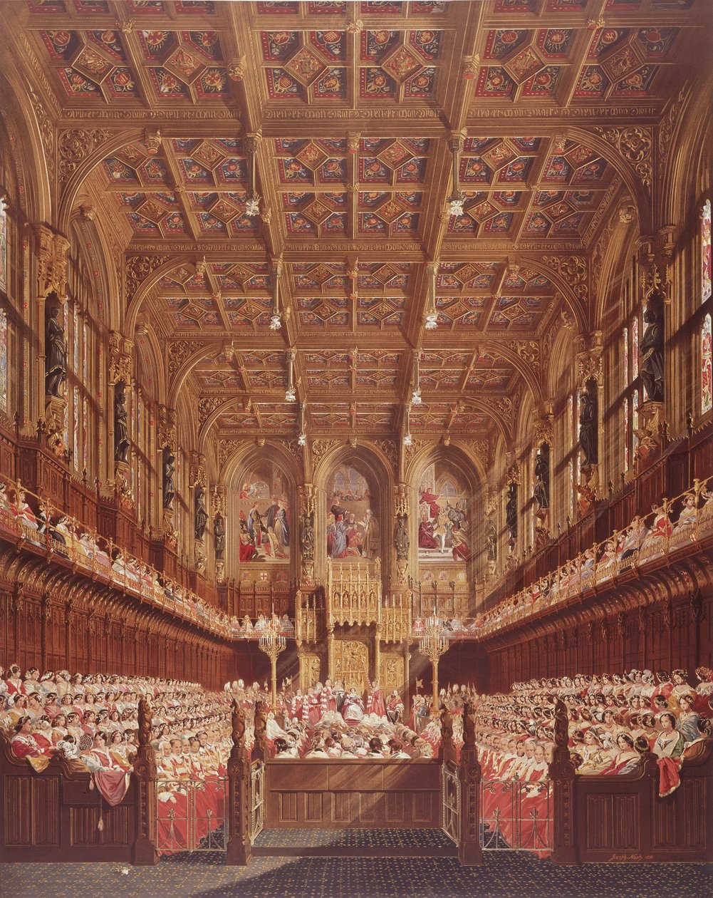 Dronning Victoria i House of Lords (fargegravering) av Joseph Nash