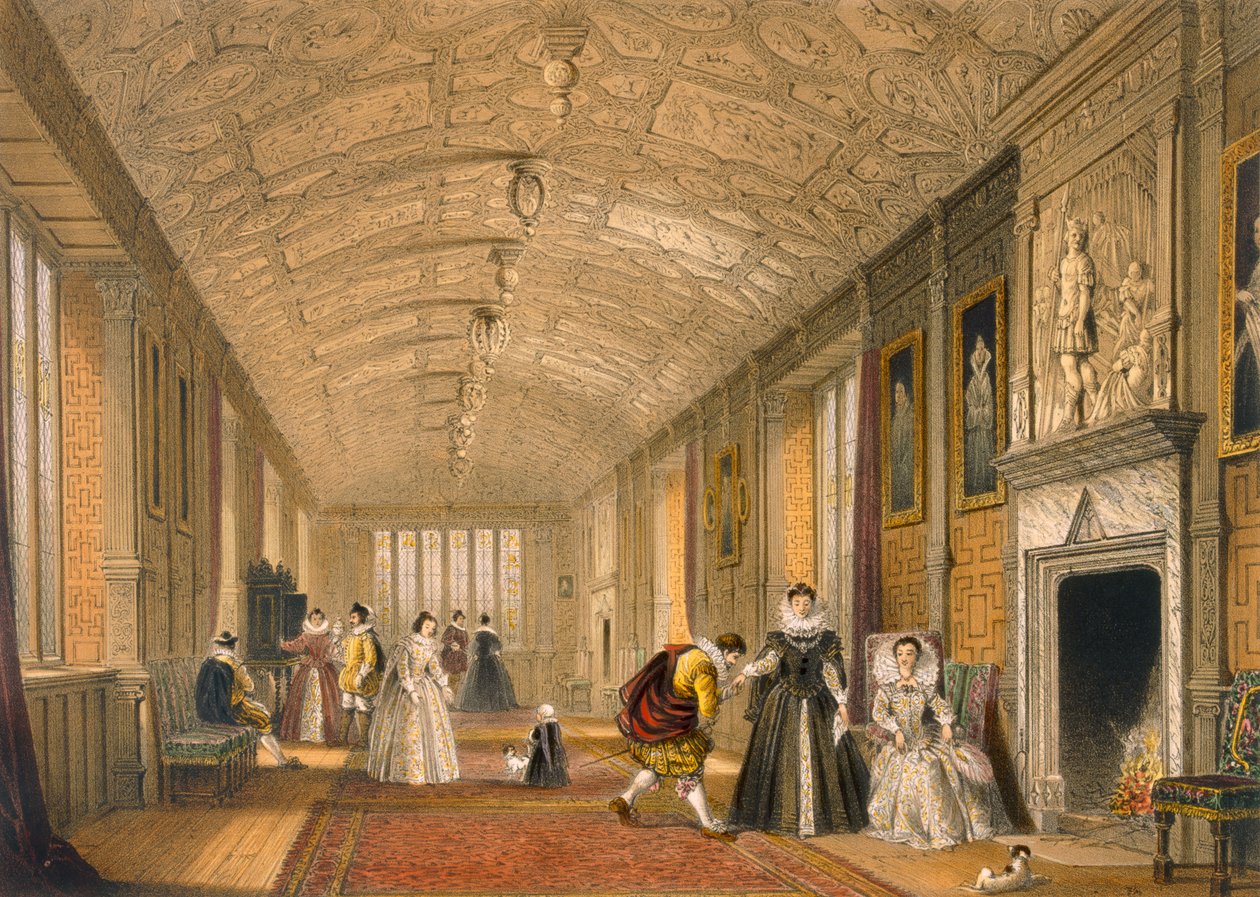 The Long Gallery at Lanhydrock, Cornwall, 1600, fra Architecture of the Middle Ages, publisert 1838 av Joseph Nash