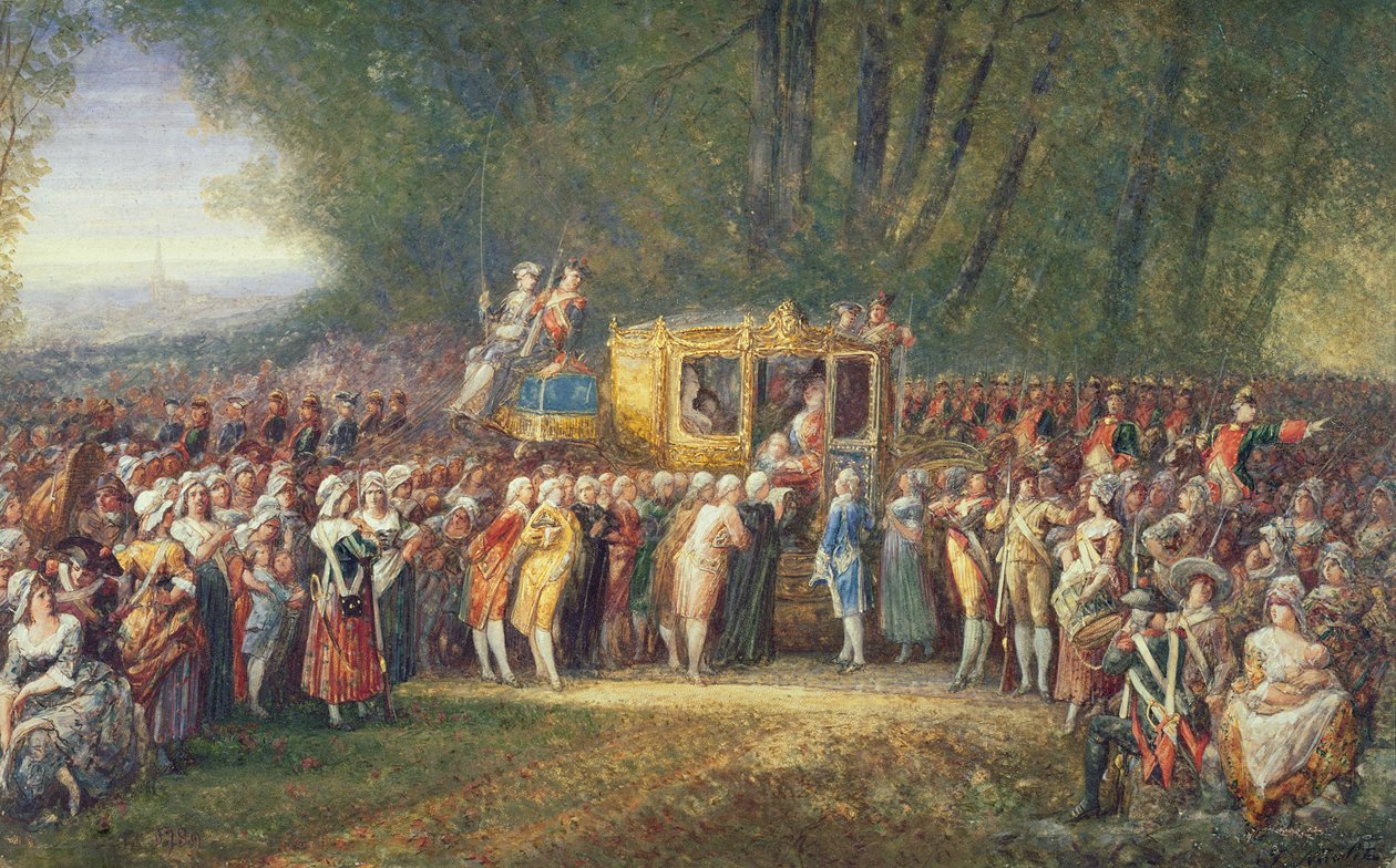 Kong Louis XVI ble ført fra Versailles til Paris av kvinnene i Les Halles i oktober 1789 av Joseph Navlet