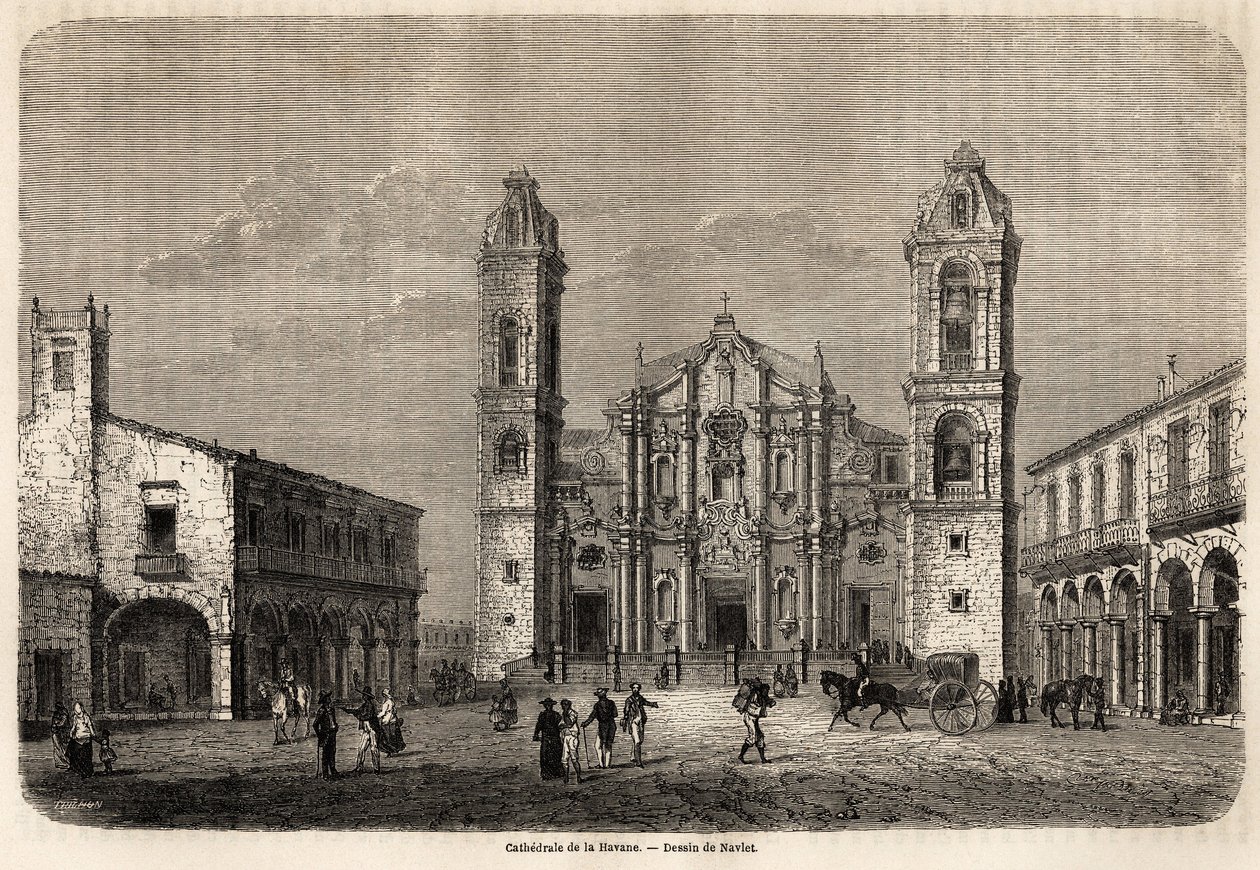 Cathedrale of Havana, Cuba, tegning av Navlet for å illustrere reisen til øya Cuba, i 1859, av Richard Dana (1815-1882). Gravering i "" Le tour du monde, nouveau journal des voyages"" Paris av Joseph Navlet